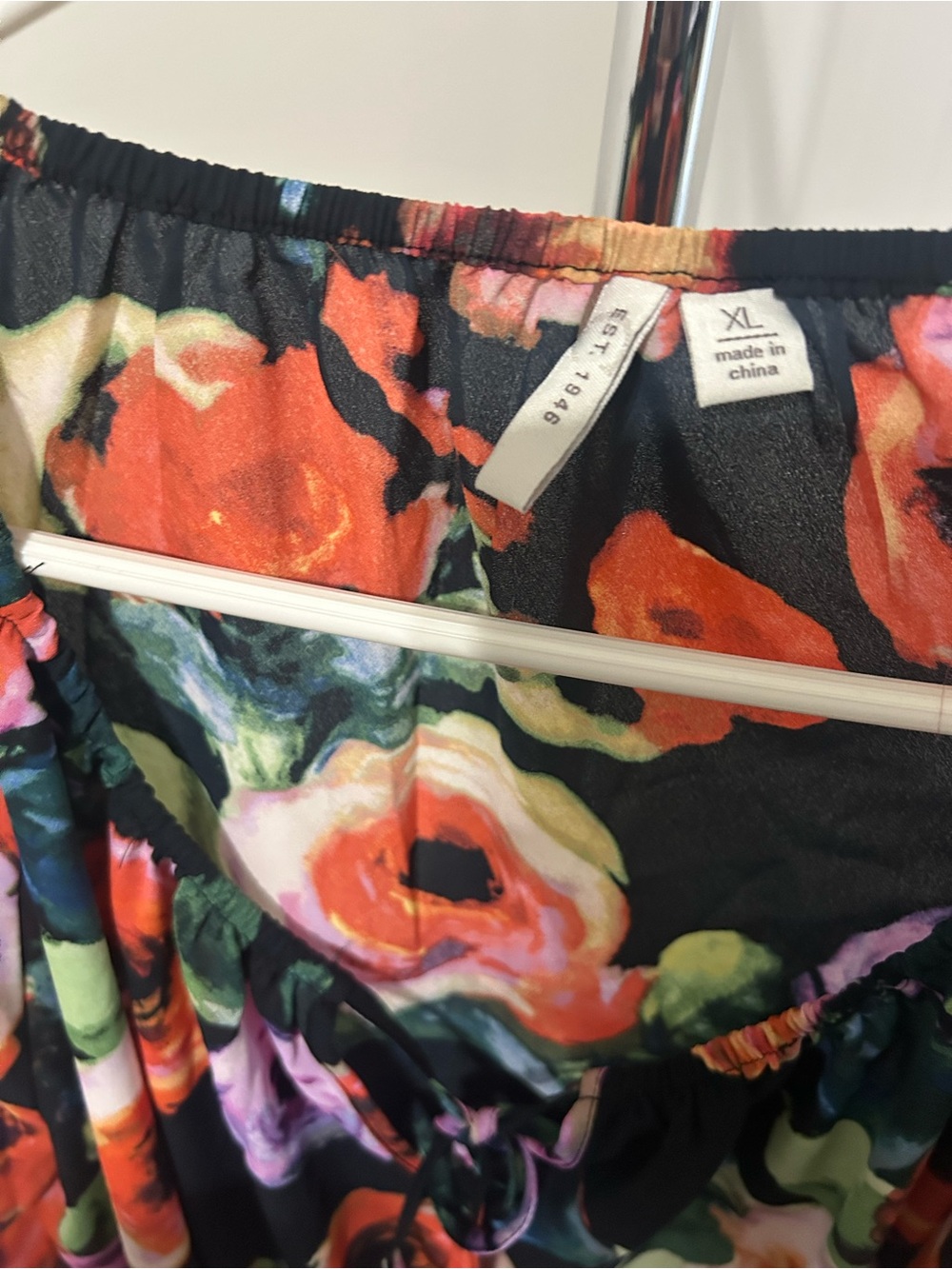 Floral Tie-Neck Blouse in Black with Multicolor Print - Picture 2 of 6